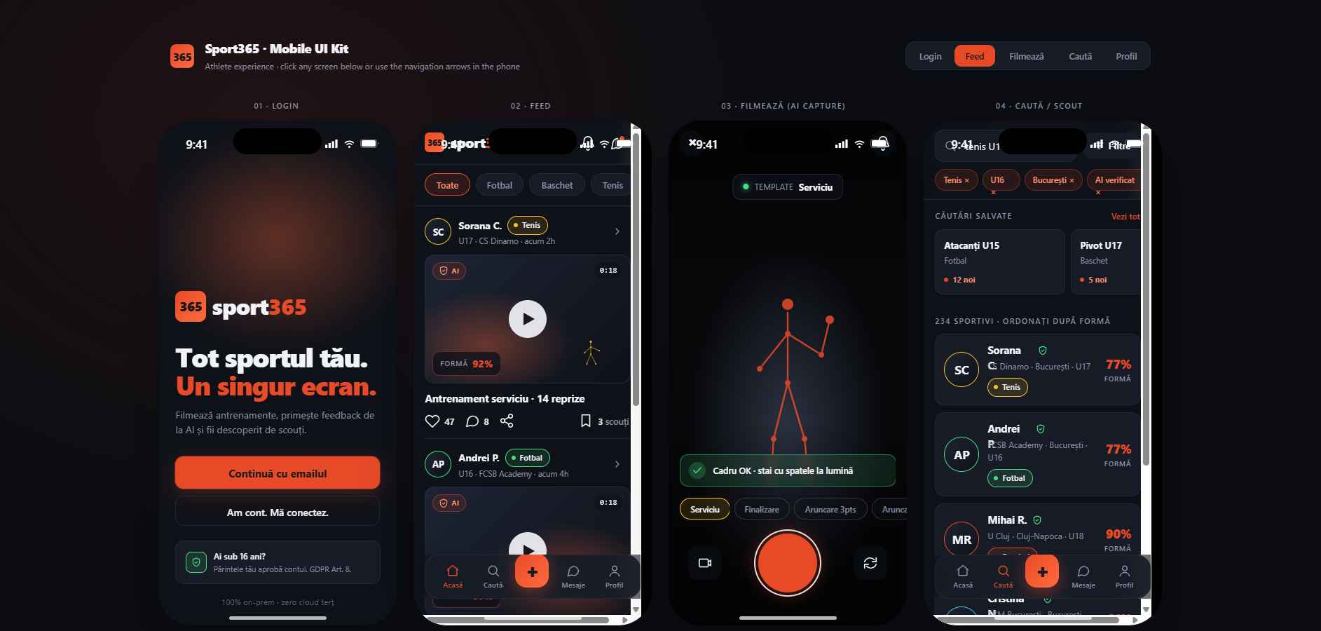 Sport365 mobile UI kit — 4 ecrane: Login, Feed, Filmează, Caută Scout